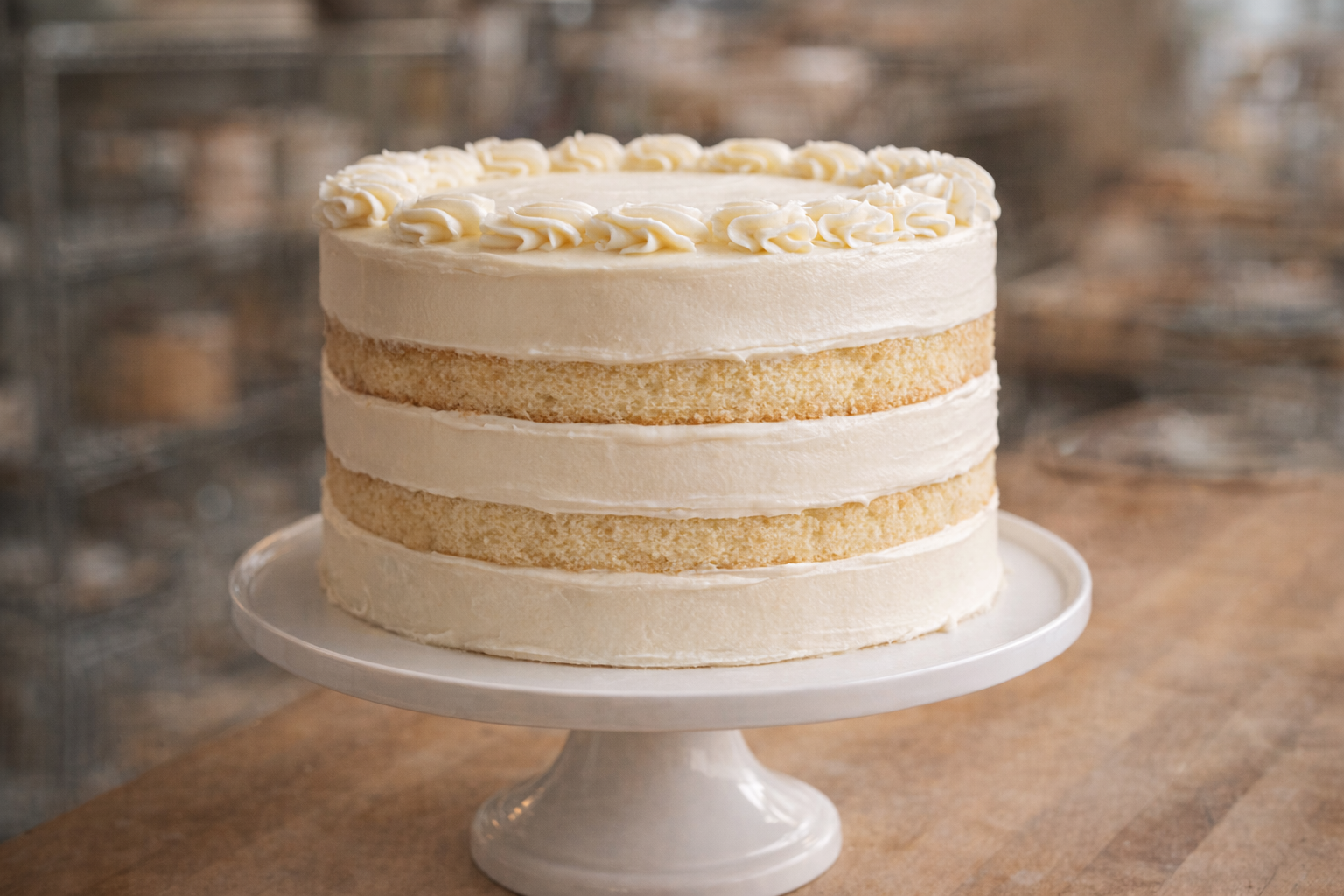 A perfectly frosted, three-layer vanilla cake sits on a cake stand, soft lighting, bakery setting